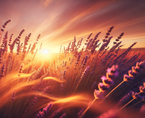 A dreamy field of lavender bathed in golden sunset light, with soft motion suggesting rhythmic energy flowing through the scene.