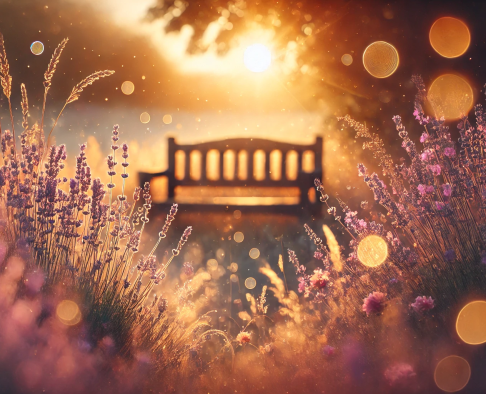 A wooden bench bathed in golden light, surrounded by blooming lavender and wildflowers at sunset, evoking peace and connection.