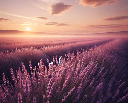 Lavender fields stretching into the distance under a soft, dreamy sunset sky, with gentle mist and glowing clouds.